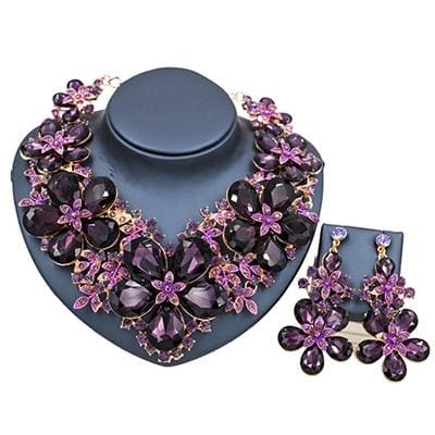 wedding decoration jewelry set big flowers necklace and earrings for party purple