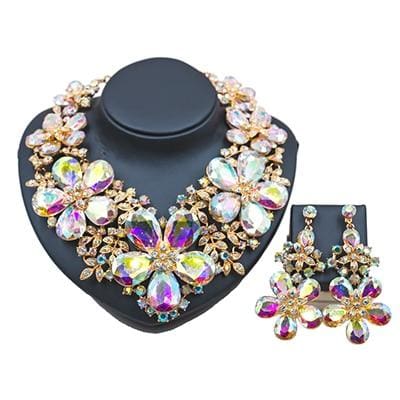 wedding decoration jewelry set big flowers necklace and earrings for party white ab