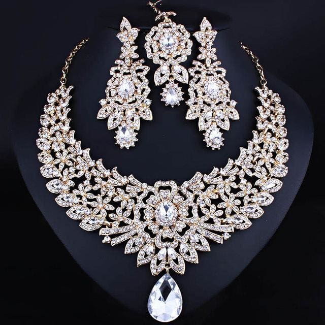 wedding jewelry clear crystal rhinestones necklace earrings and frontal chain champagne gold