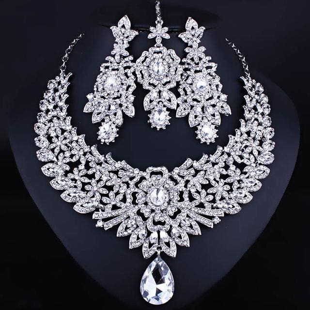 wedding jewelry clear crystal rhinestones necklace earrings and frontal chain platinum plated