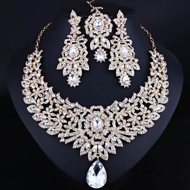 wedding jewelry set clear crystal rhinestones necklace earrings and frontal chain champagne gold
