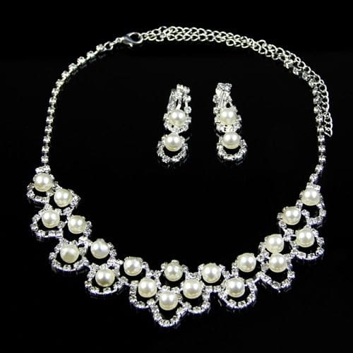 wedding rhinestone pearl plated bridal jewelry set