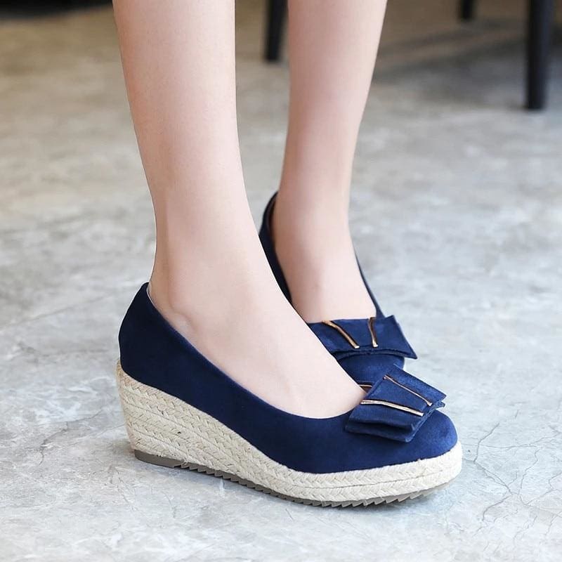 wedge heel straw lame waterproof shallow mouth women's shoes with butterfly bow