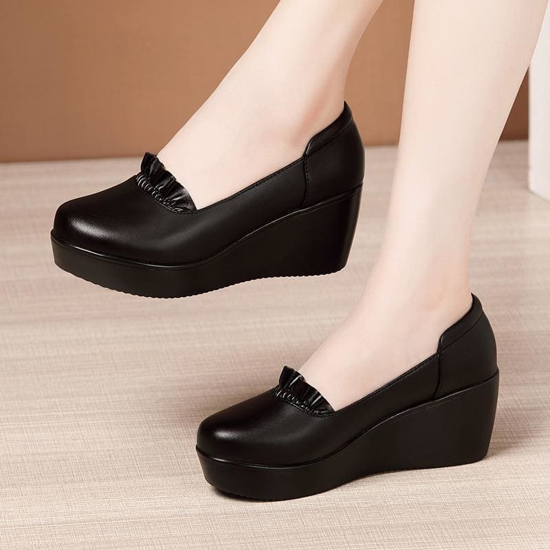Wedges Leather Office Shoes For Women Black / 11 HIGH HEELS