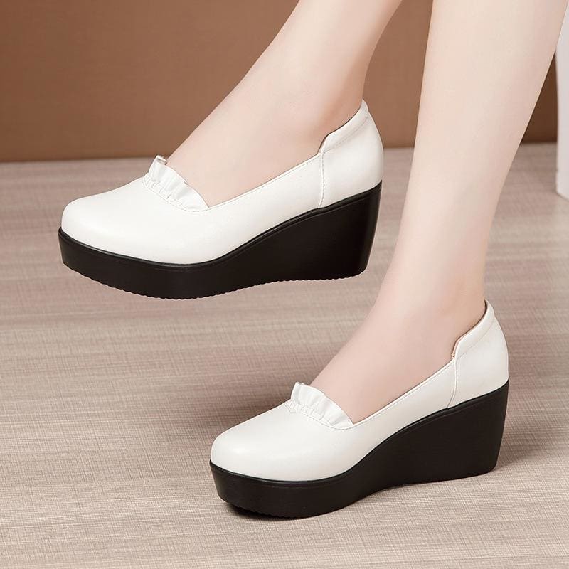Wedges Leather Office Shoes For Women White / 7.5 HIGH HEELS
