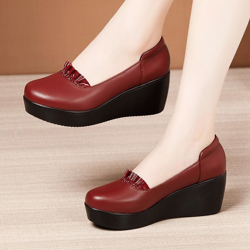 Wedges Leather Office Shoes For Women Wine Red / 7.5 HIGH HEELS