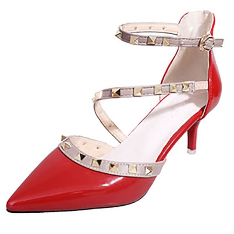 woman sexy pointed toe buckle rivets nude heels
