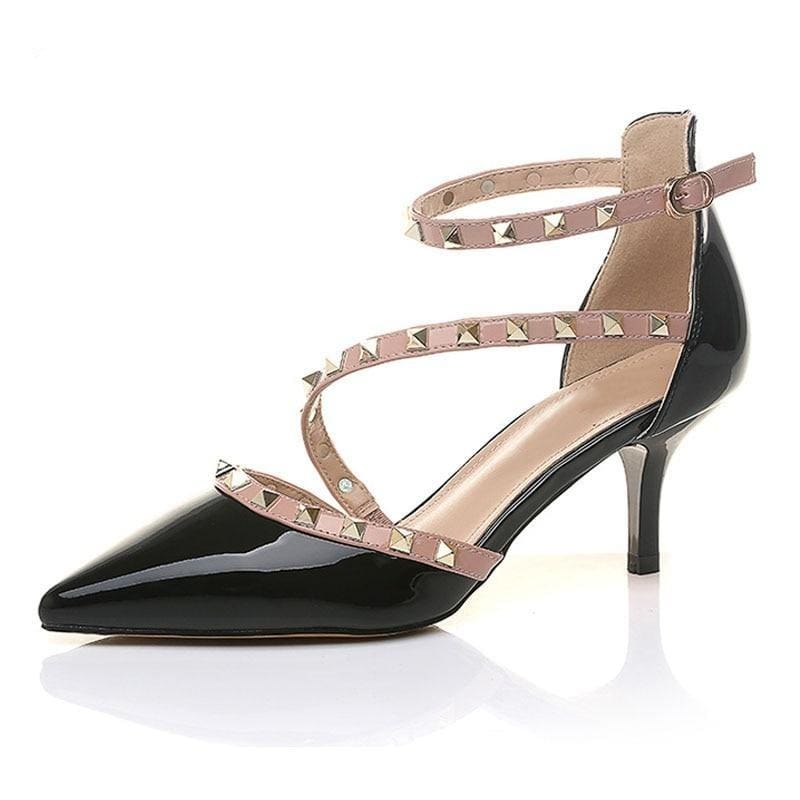 woman sexy pointed toe buckle rivets nude heels