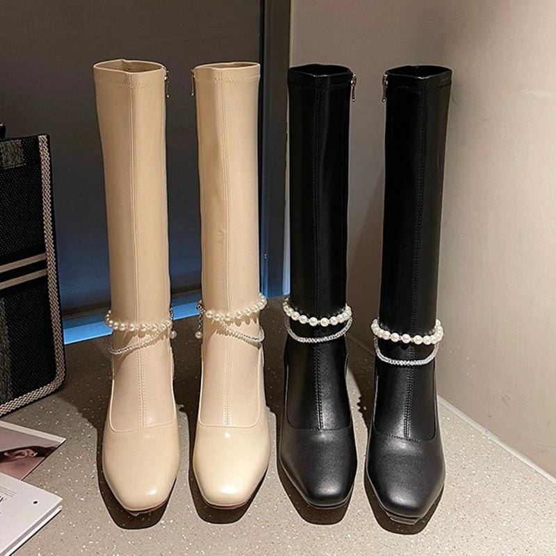 women knee-length fashion pearl chain thick heel long boots