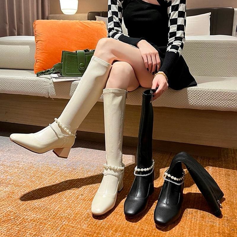 women knee-length fashion pearl chain thick heel long boots