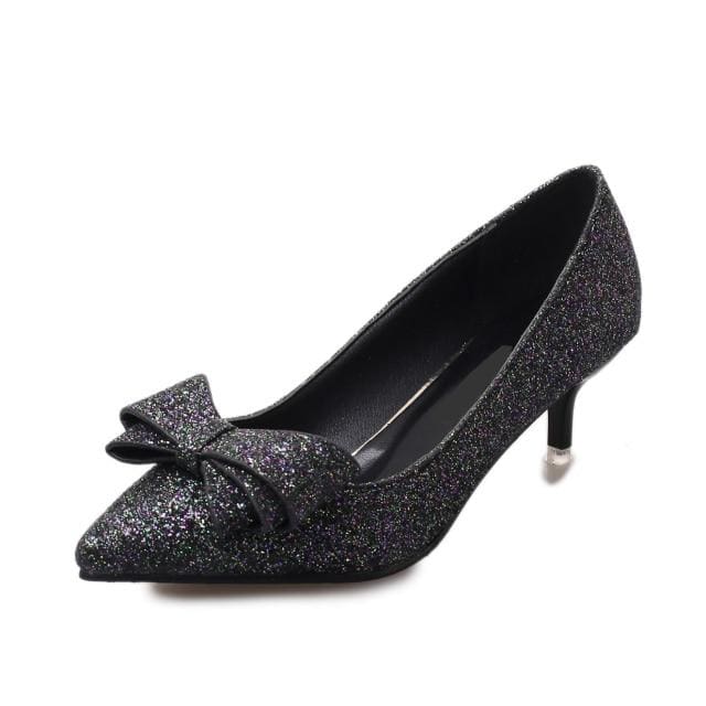 women pointed toe sequined cloth bowties pumps