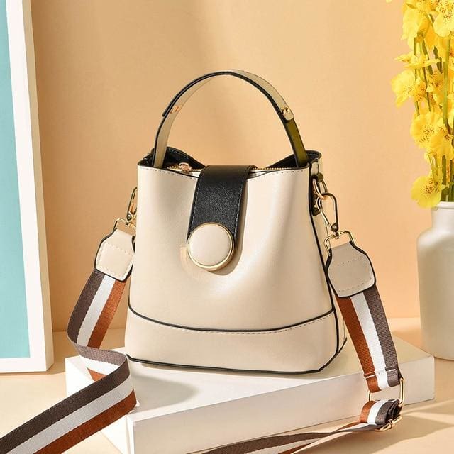 women pu leather shoulder bag with colorful strap beige / 20x11x19cm