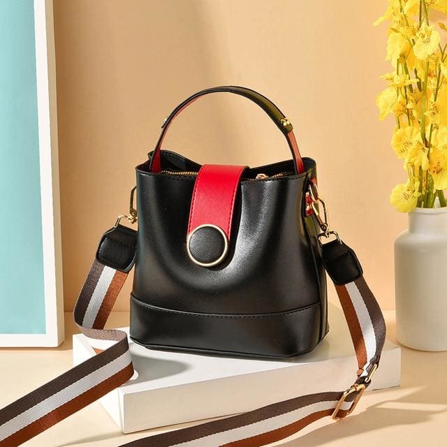 women pu leather shoulder bag with colorful strap black / 20x11x19cm