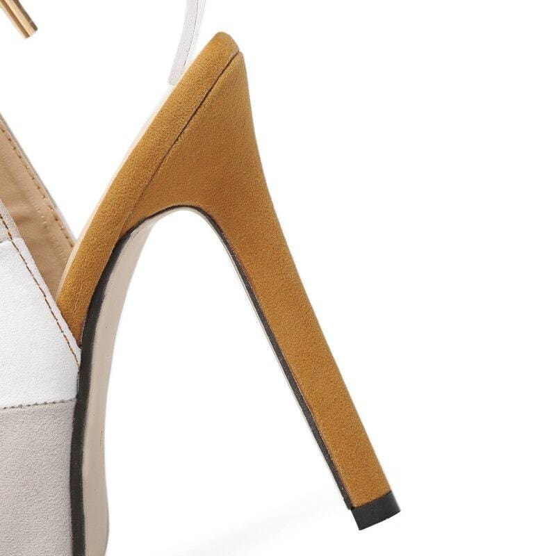 women pumps peep toe ankle strap stripe thin heels shoes