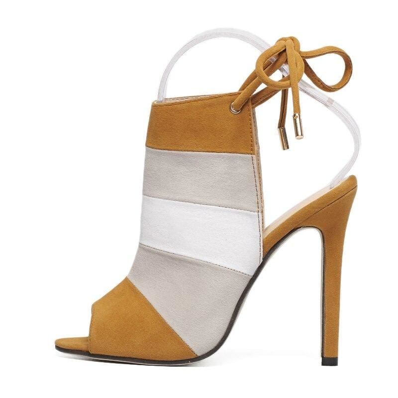 women pumps peep toe ankle strap stripe thin heels shoes